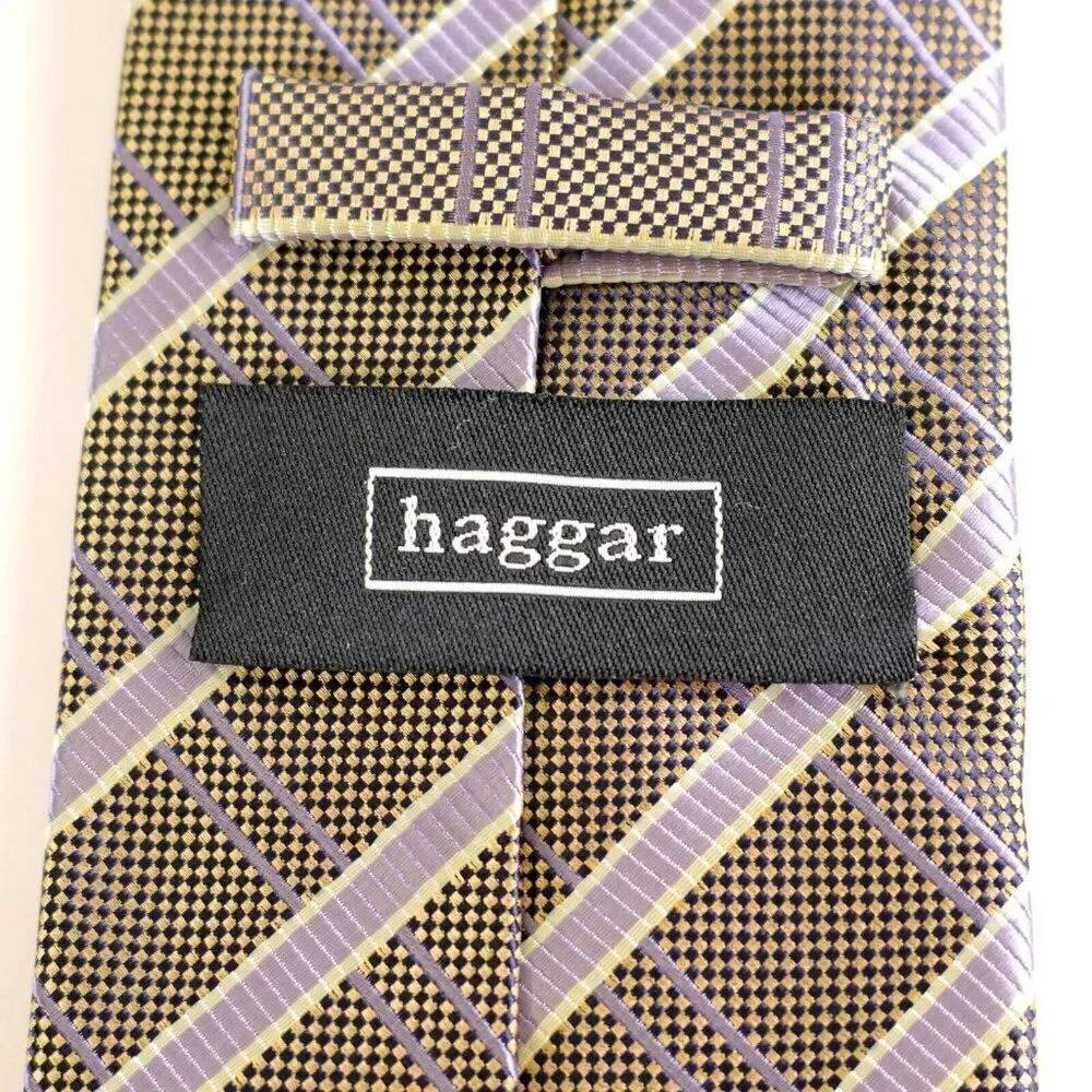 Haggar Black Gold‎ Check Purple Striped Woven Polyester Tie